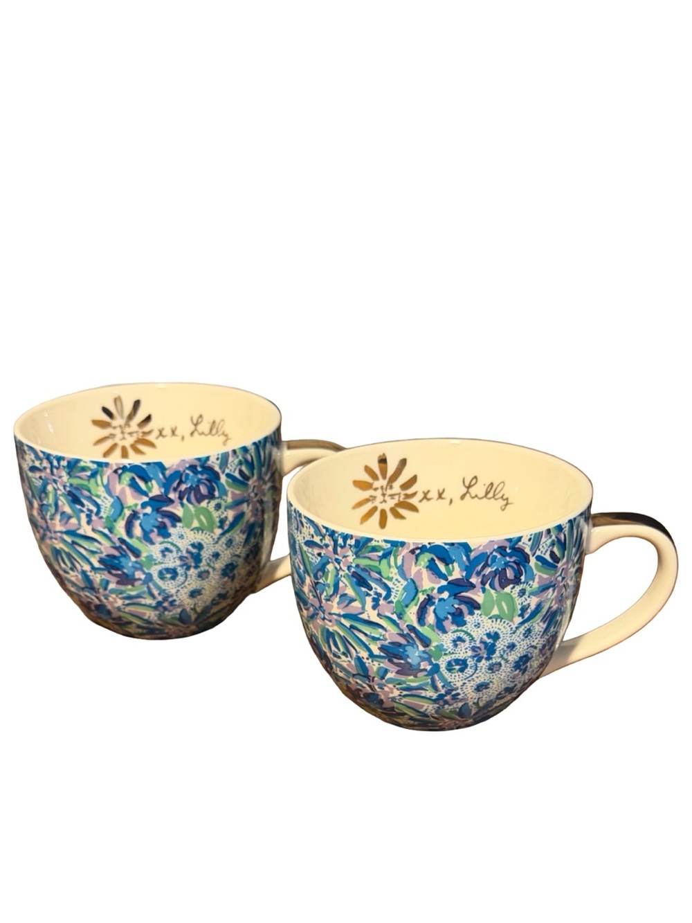Lilly Pulitzer Set of 2 Floral Ceramic Coffee Mugs Blue Gold Accent Cups
